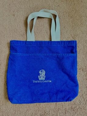 Vintage Ritz Carlton Tote Bag Blue Canvas Embroidered Logo Resort Coastal 90s